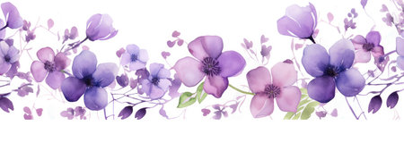 Watercolor floral wreath of purple flowers on a white background, lilac branches and foliage. Botanical illustration of flowers. Wedding decorations for design.の素材