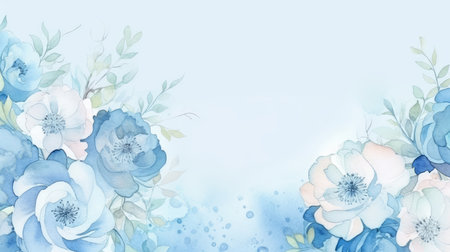 hand painted watercolor flowers on a blue background. copy space. botanical banner for design.の素材