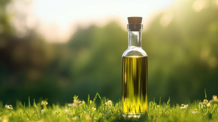 glass bottle with edible oil overlooking nature. oil for cooking. healthy oil.の素材