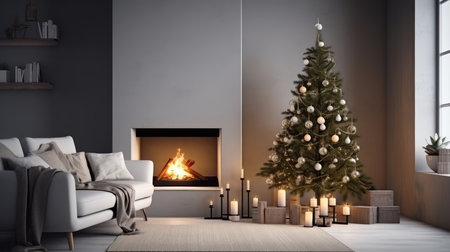 Burning fireplace with Christmas tree in living room interior, winter holidays background illustration. New Year at home.の素材