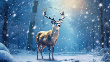 Christmas deer in the snowy forest. cute deer illustration, cool colors. wild nature.の素材