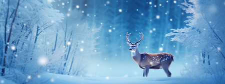 Christmas deer in the snowy forest. cute deer illustration, cool colors. wild nature.の素材