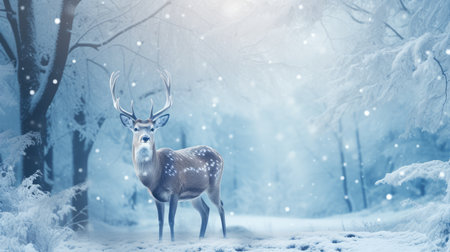 Christmas deer in the snowy forest. cute deer illustration, cool colors. wild nature.の素材