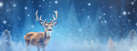 Christmas deer in the snowy forest. cute deer illustration, cool colors. wild nature.の素材