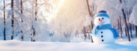 Bright illustration Winter card for Christmas. Funny snowman in a hat and scarf against the background of a snow-covered Christmas tree. Winter cold landscape.の素材