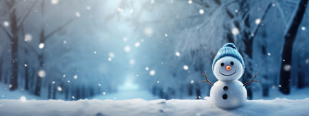 Bright illustration Winter card for Christmas. Funny snowman in a hat and scarf against the background of a snow-covered Christmas tree. Winter cold landscape.の素材