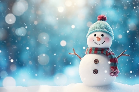 Bright illustration Winter card for Christmas. Funny snowman in a hat and scarf against the background of a snow-covered Christmas tree. Winter cold landscape.の素材