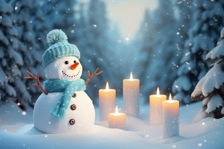 Bright illustration Winter card for Christmas. Funny snowman in a hat and scarf against the background of a snow-covered Christmas tree. Winter cold landscape.の素材