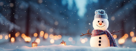 Bright illustration Winter card for Christmas. Funny snowman in a hat and scarf against the background of a snow-covered Christmas tree. Winter cold landscape.の素材