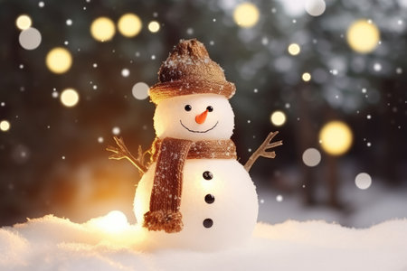 Bright illustration Winter card for Christmas. Funny snowman in a hat and scarf against the background of a snow-covered Christmas tree. Winter cold landscape.の素材