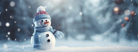 Bright illustration Winter card for Christmas. Funny snowman in a hat and scarf against the background of a snow-covered Christmas tree. Winter cold landscape.の素材