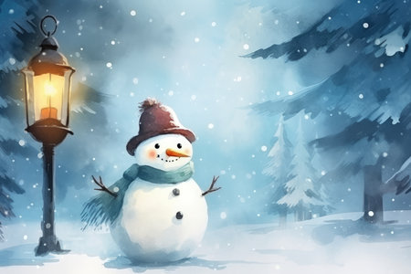 Bright illustration Winter card for Christmas. Funny snowman in a hat and scarf against the background of a snow-covered Christmas tree. Winter cold landscape.の素材