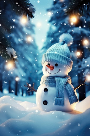 Bright illustration Winter card for Christmas. Funny snowman in a hat and scarf against the background of a snow-covered Christmas tree. Winter cold landscape.の素材