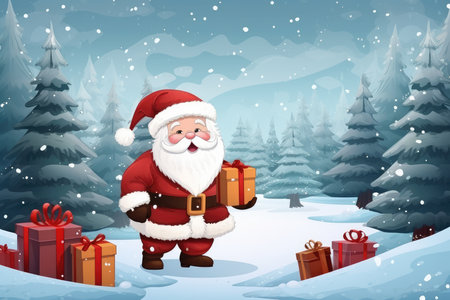 Quirky old bearded Santa Claus in the winter snowy forest. Winter holiday and Christmas concept. New Years child frost.の素材