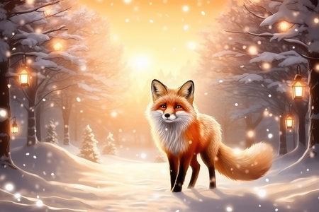 Beautiful vulpes fox against the backdrop of a snowy winter forest with a bushy tail, hunting in the freshly fallen snow in the park. wild forest animals.の素材