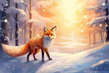 Beautiful vulpes fox against the backdrop of a snowy winter forest with a bushy tail, hunting in the freshly fallen snow in the park. wild forest animals.の素材