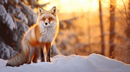 Beautiful vulpes fox against the backdrop of a snowy winter forest with a bushy tail, hunting in the freshly fallen snow in the park. wild forest animals.の素材