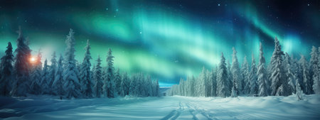Amazing snowy winter landscape. Winter landscape with snow-covered pine trees and northern lights (northern lights). Polar Lights. Creative image of wild nature.の素材