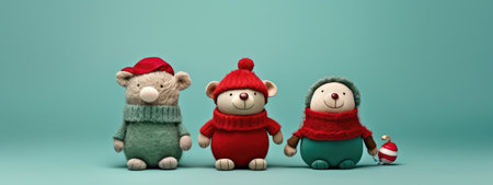 Teddy bears wearing a Santa hat on a festive New Years background. Christmas card with animals. present.の素材