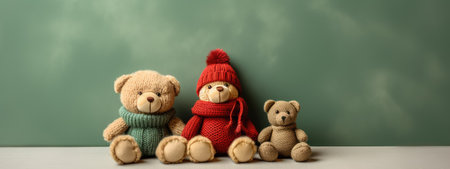 Teddy bears wearing a Santa hat on a festive New Years background. Christmas card with animals. present.の素材