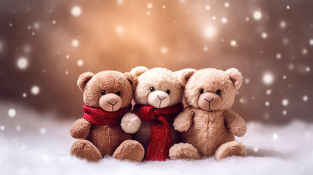 Teddy bears wearing a Santa hat on a festive New Years background. Christmas card with animals. present.の素材