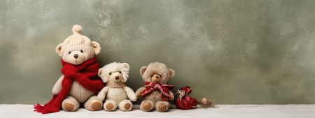 Teddy bears wearing a Santa hat on a festive New Years background. Christmas card with animals. present.の素材