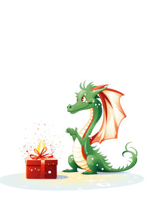 Cute cartoon green dragon wearing Santa hat, red gift with Christmas tree. New Year animal illustration on white background. Christmas card with cute dragon.の素材