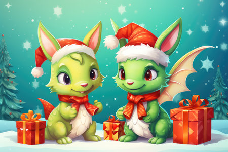 Cute cartoon green dragons wearing a Santa hat. New Year animal illustration. Christmas card.の素材