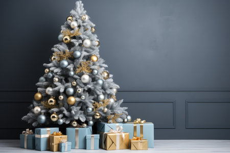 Lots of gifts around a decorated Christmas tree. New Years background in Scandinavian style, Christmas tree decorations. copy space.の素材