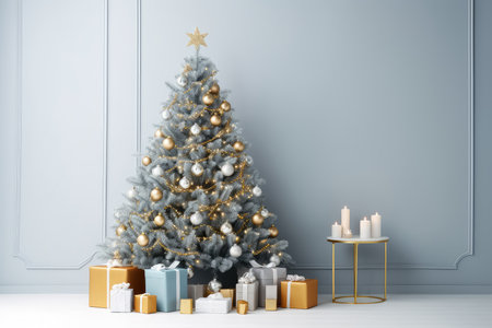 Lots of gifts around a decorated Christmas tree. New Years background in Scandinavian style, Christmas tree decorations. copy space.の素材
