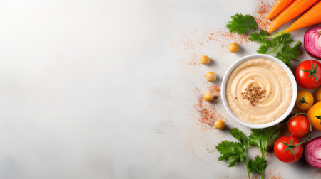 bowl of hummus on a white background, top view. vegetarian homemade snack. Arabic food.の素材