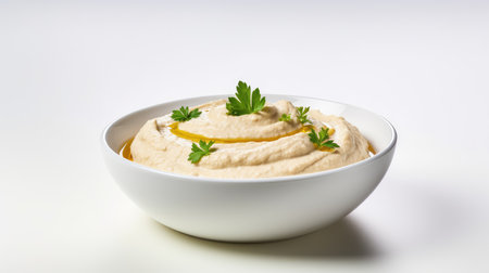 bowl of hummus on a white background, top view. vegetarian homemade snack. Arabic food.の素材
