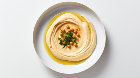 bowl of hummus on a white background, top view. vegetarian homemade snack. Arabic food.の素材