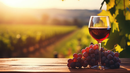 wine glass with red wine on a wooden table overlooking a vineyard in clear weather. raw materials for making wine. copy space.の素材