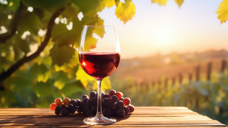 wine glass with red wine on a wooden table overlooking a vineyard in clear weather. raw materials for making wine. copy space.の素材