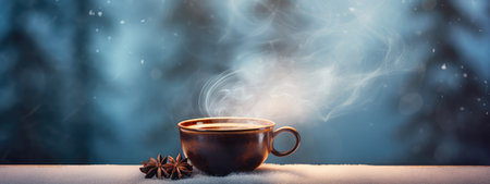 A cup of hot warming tea in winter weather overlooking the snowy forest. hot winter medicinal drink. Black tea.の素材