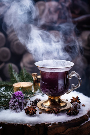 A cup of hot warming tea in winter weather overlooking the snowy forest. hot winter medicinal drink. Black tea.の素材