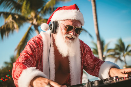 A fiery Christmas party with Santa Claus as a DJ mixing tracks on a DJ mixer. The New Years party is filled with festive mood and fun. a night of fun.の素材