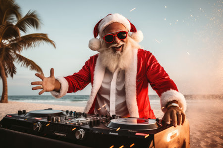 A fiery Christmas party with Santa Claus as a DJ mixing tracks on a DJ mixer. The New Years party is filled with festive mood and fun. a night of fun.の素材