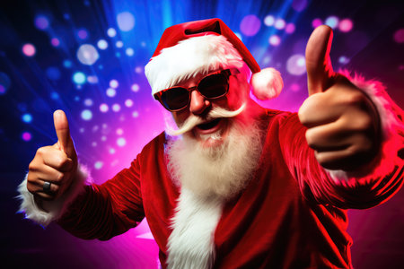 A fiery Christmas party with Santa Claus as a DJ mixing tracks on a DJ mixer. The New Years party is filled with festive mood and fun. a night of fun.の素材