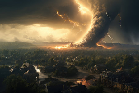 Dramatic thunderstorm tornado in Europe. natural disasters. destruction of cities by nature. disasters in the world.の素材