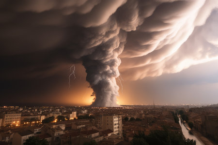 Dramatic thunderstorm tornado in Europe. natural disasters. destruction of cities by nature. disasters in the world.の素材