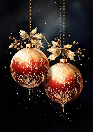 oil painted Christmas decorations. close-up. New Year card with balls.の素材