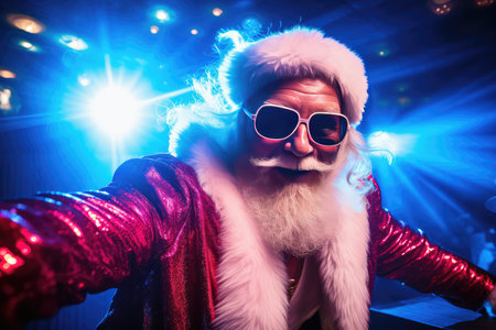 A fiery Christmas party with Santa Claus as a DJ mixing tracks on a DJ mixer. The New Years party is filled with festive mood and fun. a night of fun.の素材