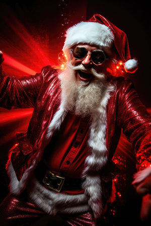 A fiery Christmas party with Santa Claus as a DJ mixing tracks on a DJ mixer. The New Years party is filled with festive mood and fun. a night of fun.の素材