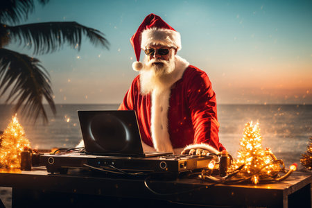 A fiery Christmas party with Santa Claus as a DJ mixing tracks on a DJ mixer. The New Years party is filled with festive mood and fun. a night of fun.の素材