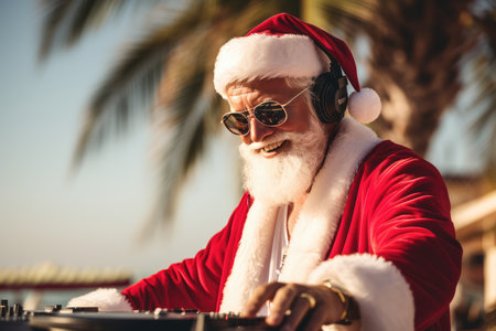 A fiery Christmas party with Santa Claus as a DJ mixing tracks on a DJ mixer. The New Years party is filled with festive mood and fun. a night of fun.の素材