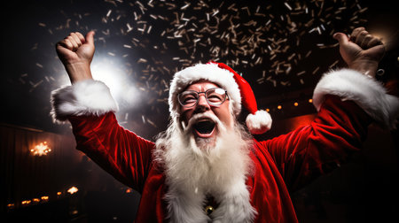 A fiery Christmas party with Santa Claus as a DJ mixing tracks on a DJ mixer. The New Years party is filled with festive mood and fun. a night of fun.の素材