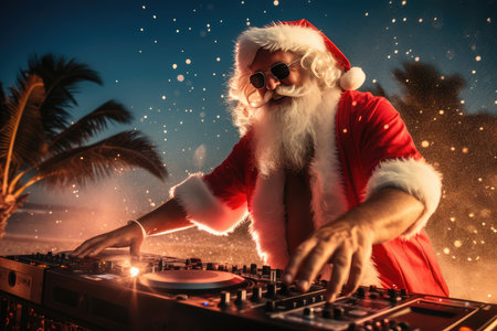A fiery Christmas party with Santa Claus as a DJ mixing tracks on a DJ mixer. The New Years party is filled with festive mood and fun. a night of fun.の素材