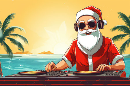 A fiery Christmas party with Santa Claus as a DJ mixing tracks on a DJ mixer. The New Years party is filled with festive mood and fun. a night of fun.の素材
